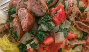 Sausage, Kale and Tomatoes over Spaghetti Squash