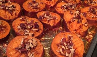 Roasted Sweet Potatoes with Apple Whiskey Glaze and Pecans