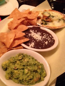 Tasty chips with guacamole, mole black beans, queso fundido